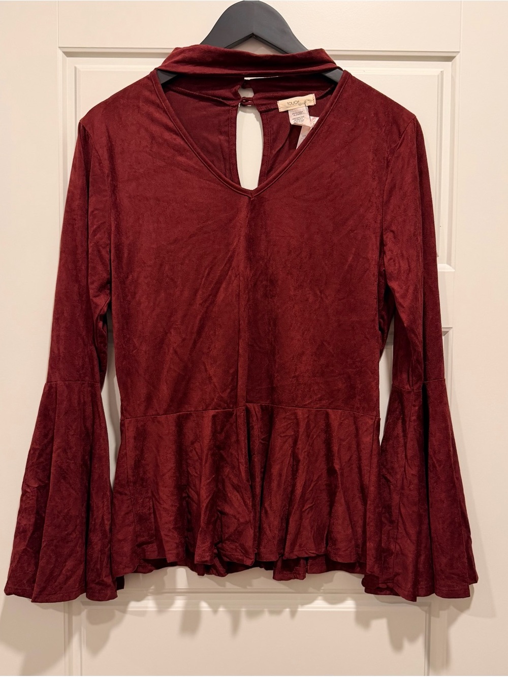 Peplum V-Neck Tunic with Choker Detail - Burgundy
